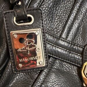 B. Makowsky Black Leather Shoulder Bag with Gold Accents